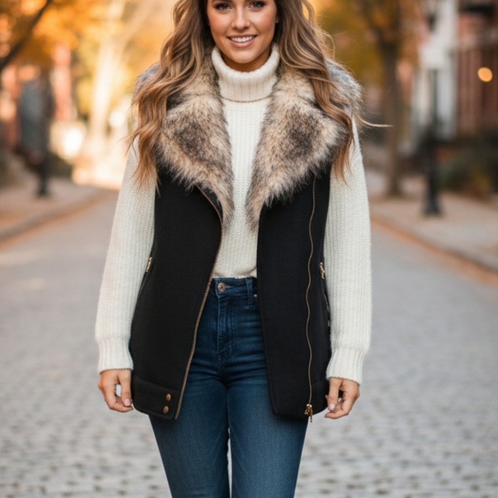 EUC Thread & Supply Size Medium Wool Blend Moto Vest Faux Fur Collar!!